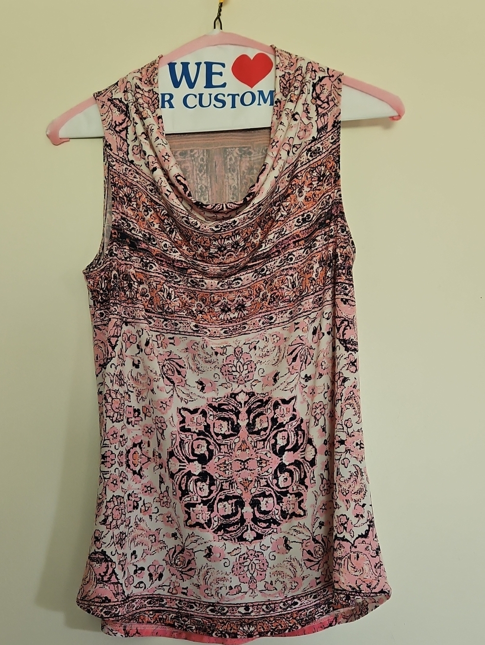 Tahari Pink and Black Patterned Cowl Neck Sleeveless Top